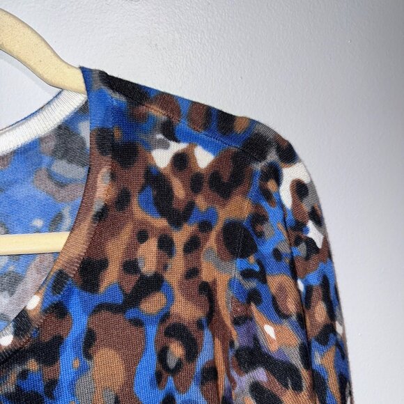 Joseph A. Petite Brown & Blue Leopard Print Cardigan Sweater Size MP - Picture 2 of 7